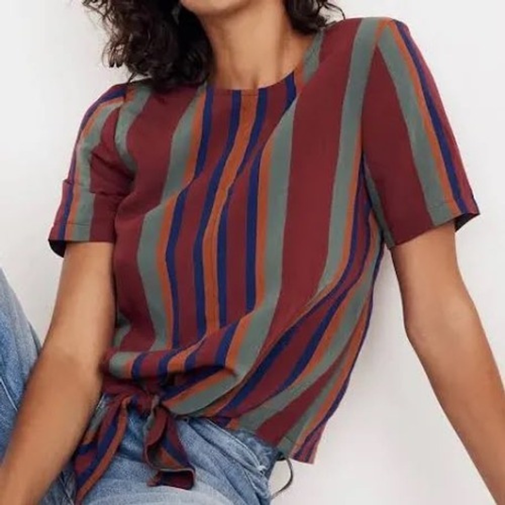 Madewell Tie Front Button Back Striped Short Sleeve Top Burgundy Teal XS cc